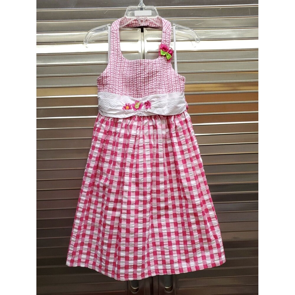 Youngland Pink Gingham Girl's Halter Dress with White Sash and Floral Accents